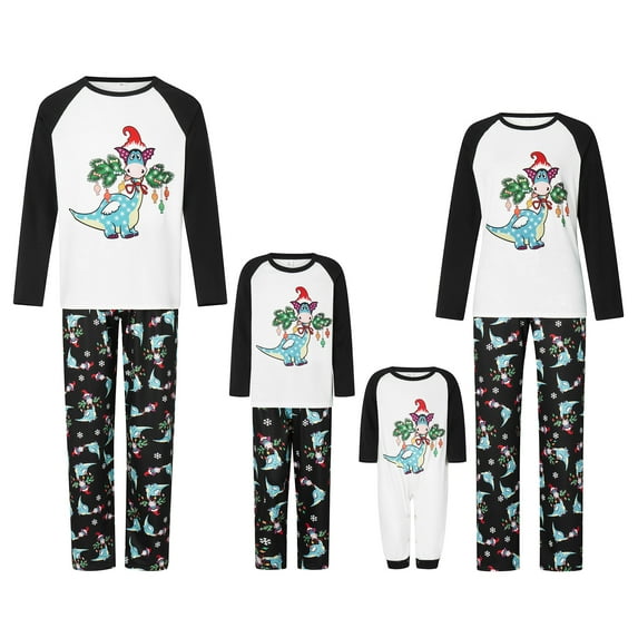Bemycutue Christmas Family Pajamas Matching Set Contrast Color Long Sleeve Tops and Dinosaur Print Pants Sleepwear