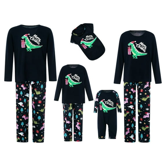 Bemycutue Christmas Parent-child Outfit, Dinosaur Letter Printing Long Sleeve Round Collar Sleepwear/Jumpsuit for Adult/Baby/Kid/Dog