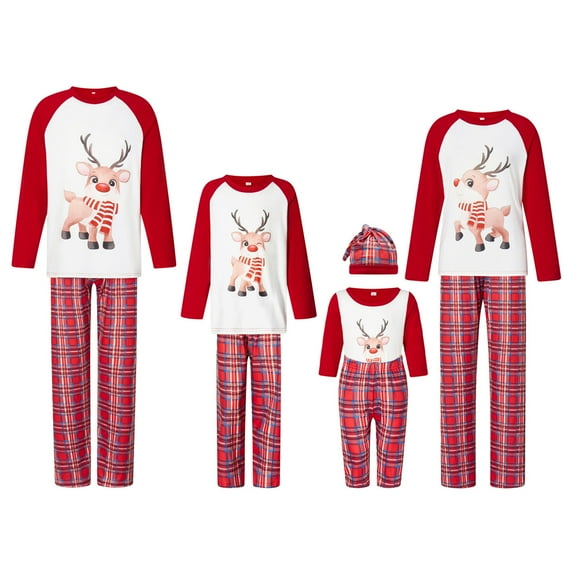 Bemycutue Family Matching Christmas Pajamas, Baby Romper Pants Hat Suit/Deer Pattern Long Sleeve Tops Plaid Pants Sleepwear Set