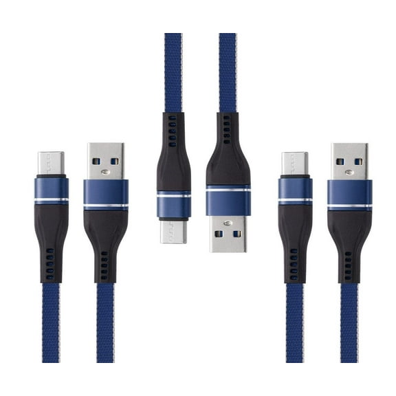 Bemz (3-Pack) USB Cables Compatible with BLU View 3 - Heavy Duty Rugged Nylon Fast Charging Data Transfer (Type-C to Type-A) USB-C to USB-A Cables - 3.3 Feet - Blue