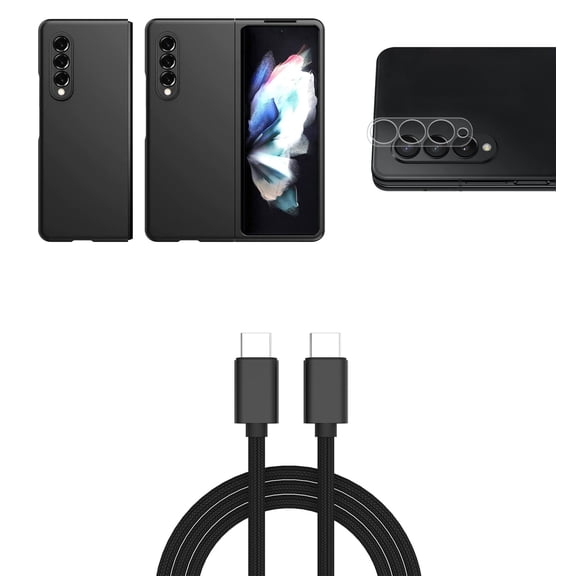 Bemz Accessory Bundle for Galaxy Z Fold 3 5G: Slim Rubberized Matte Snap On Case (Black), Rear Camera Glass Screen Protector, PD Power Delivery USB-C to USB-C Cable (3 Feet)