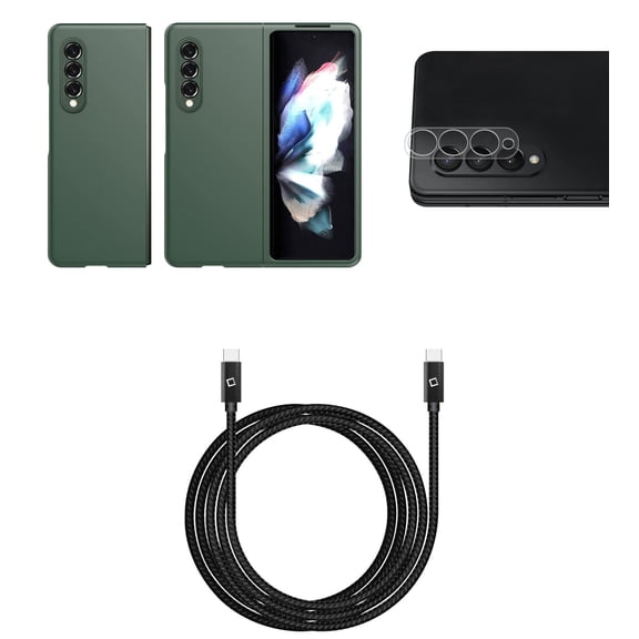 Bemz Accessory Bundle for Galaxy Z Fold 3 5G: Slim Rubberized Matte Snap On Case (Midnight Green), Rear Camera Glass Screen Protector, Heavy Duty USB-C to USB-C Cable (4ft)