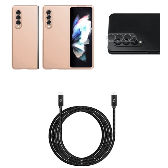 Bemz Accessory Bundle for Galaxy Z Fold 3 5G: Slim Rubberized Matte Snap On Case (Rose Gold Pink), Rear Camera Glass Screen Protector, Heavy Duty USB-C to USB-C Cable (4ft)