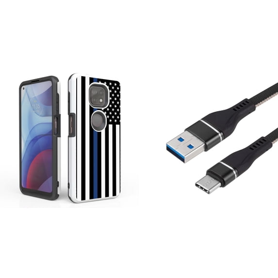 Bemz Accessory Bundle for Moto G Power (2021) Case with: Dual Shield Slim Rugged Hybrid Protective Cover, Fast Charging Sync USB-C to USB-A Cable (3 Feet) and Touch Tool - Thin Blue Line USA Flag