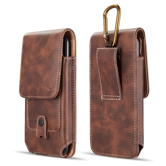 Bemz Accessory Bundle for AT&T AXIA - Vertical Belt Holster Carrying Case with Card Slots (Brown) with Tempered Glass Screen Protector and Atom Cloth