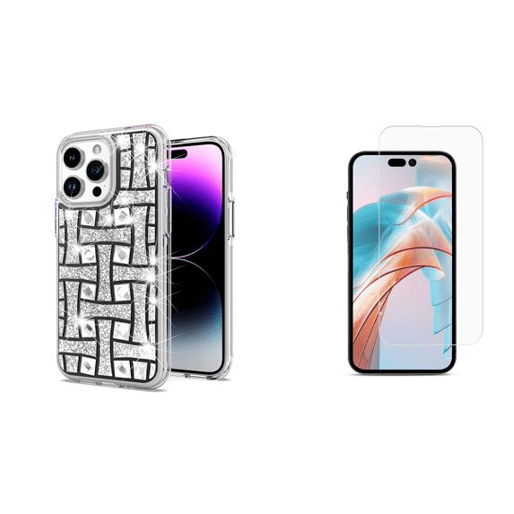 Bemz Bling Case for iPhone 15 Pro Max, Diamond Glitter Sparkle Dual Layer Hybrid Protector Cute Women Girls Cover with Tempered Glass Screen Protector (Silver Studs)