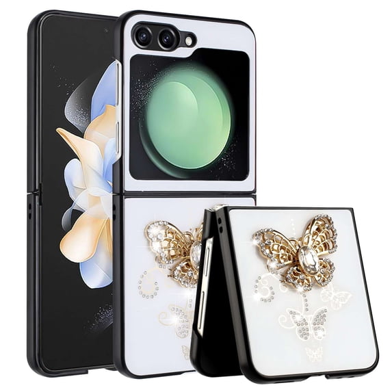 Bemz Butterfly Diamond Gem Luxury Cover Case for Galaxy Z Flip 5 - White Silver