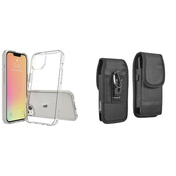 Bemz Case and Pouch Bundle for iPhone 14 Pro Max: Fusion Protector Slim Case (Transparent Clear) and Vertical Rugged Nylon Belt Holster