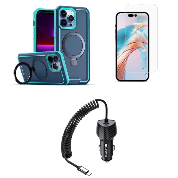 Bemz Case for iPhone 15 Pro Max with Slim Heavy-Duty Armor Defender Wireless Charger Magnetic Kickstand Cover, Glass Screen Protector, 40W Car Charger (USB-C Port) - 5 Foot (Teal Blue)