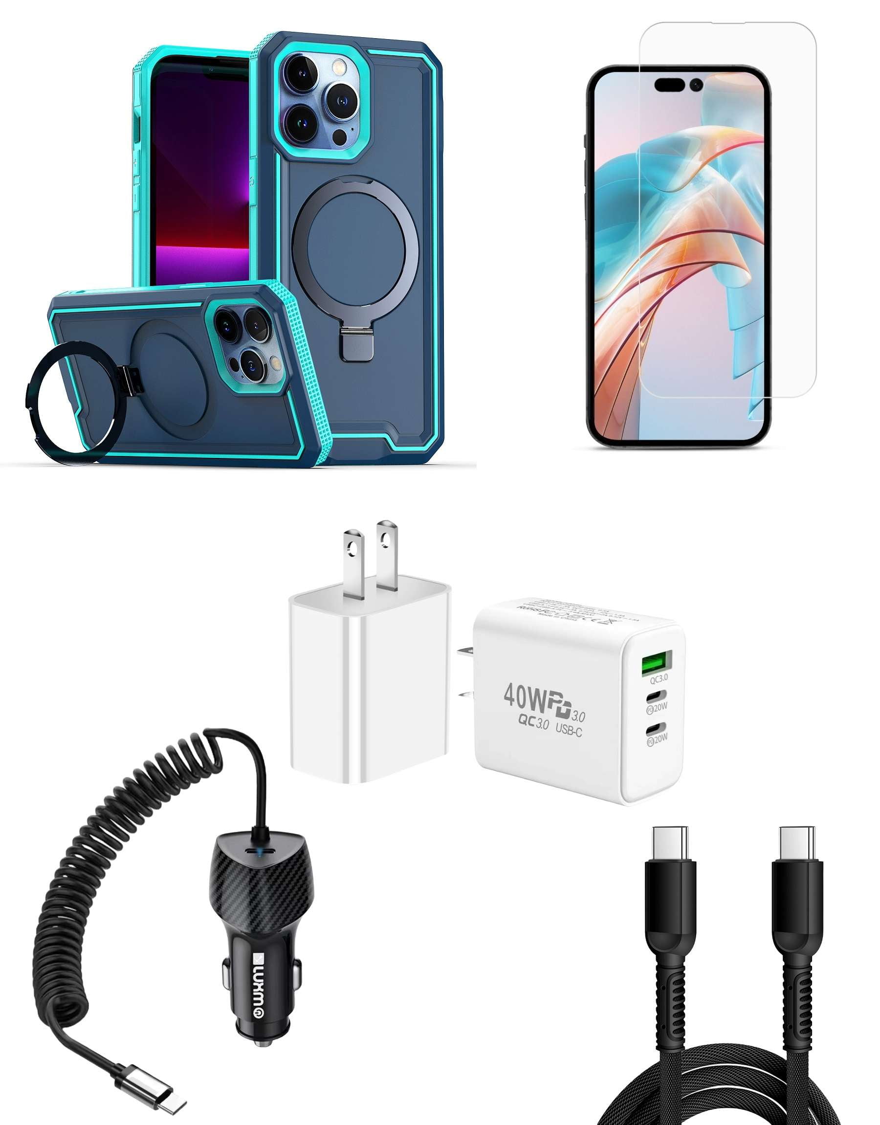 Bemz Case for iPhone 15 Pro Max with Slim Heavy-Duty Armor Defender  Wireless Charger Magnetic Kickstand Cover, Glass Screen Protector, Car  Charger, Wall Charger, USB-C Cable (Teal Blue) 