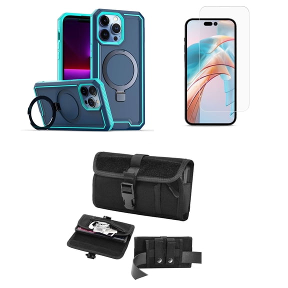 Bemz Case for iPhone 15 Pro with Slim Heavy-Duty Armor Defender Wireless Charger Magnetic Kickstand Cover, Screen Protector, Horizontal Secure Buckle Belt Holster Travel Pouch (Teal Blue)