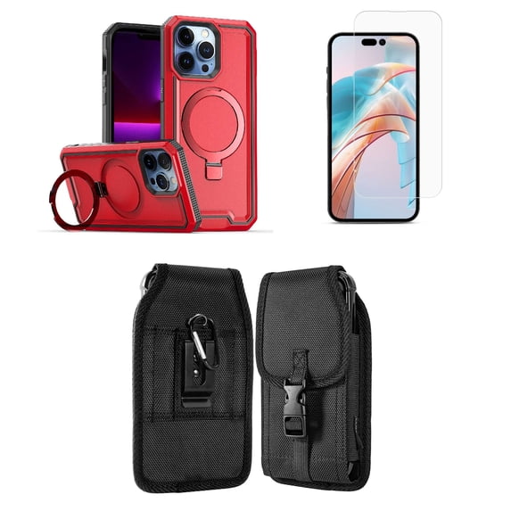Bemz Case for iPhone 15 with Slim Heavy-Duty Armor Defender Wireless Charger Magnetic Kickstand Cover, Screen Protector, Vertical Release Buckle Belt Holster Pouch (Red)