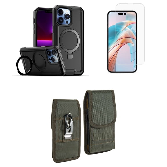 Bemz Case for iPhone 15 with Slim Heavy-Duty Armor Defender Wireless Charger Magnetic Kickstand Cover, Screen Protector, Vertical Rugged Nylon Belt Holster Pouch (Black)
