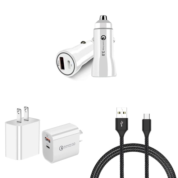 Bemz Charger Bundle for TCL 50 XE 5G - Premium 18W Fast Charging Car Charger, Wall Charger, USB-C to USB-A Cables (6 Feet)