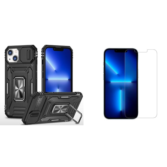 Bemz Hybrid Armor Case for iPhone 14 (Rugged Protector with Camera Protection Cover and Rotating Ring Stand) with (2-Pack) Tempered Glass Screen Protectors - Black