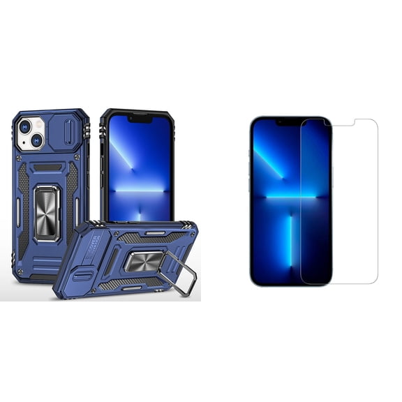 Bemz Hybrid Armor Case for iPhone 14 (Rugged Protector with Camera Protection Cover and Rotating Ring Stand) with (2-Pack) Tempered Glass Screen Protectors - Navy Blue