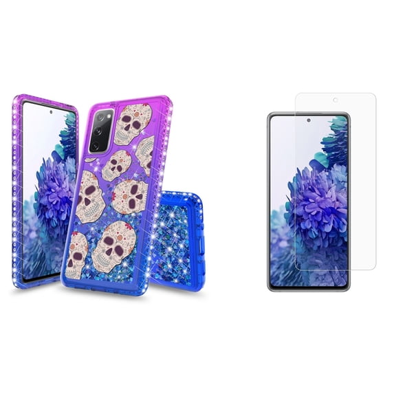 Bemz Liquid Quicksand Case for Samsung Galaxy S20 FE (with 2 Pack of Tempered Glass Screen Protectors and Touch Tool) - Sugar Skulls (Purple/Blue)