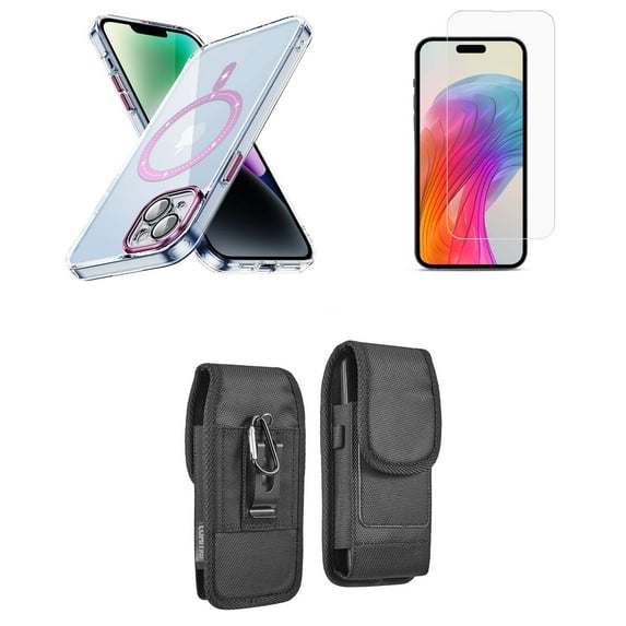 Bemz Magnetic Case for iPhone 15 with Camera Lens Protection (MagSafe Compatible) Shockproof Transparent Cover, Glass Screen Protector, Vertical Rugged Nylon Belt Holster Pouch (Magenta Pink)