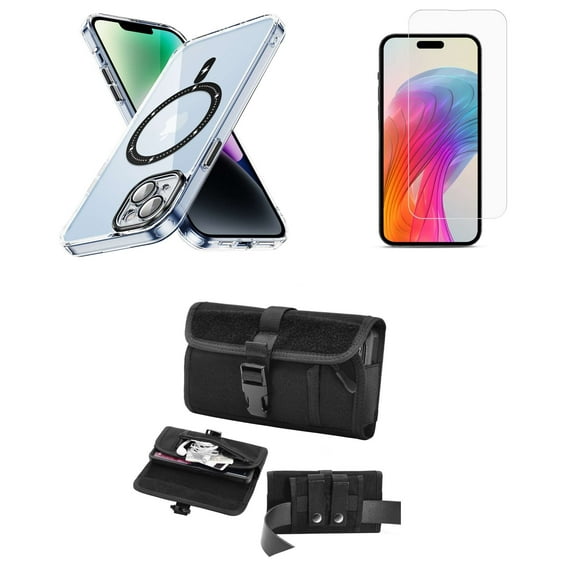 Bemz Magnetic Case for iPhone 15 with Camera Lens Protection (MagSafe Compatible) Shockproof Transparent Cover, Screen Protector, Horizontal Buckle Belt Holster Travel Pouch (Black)