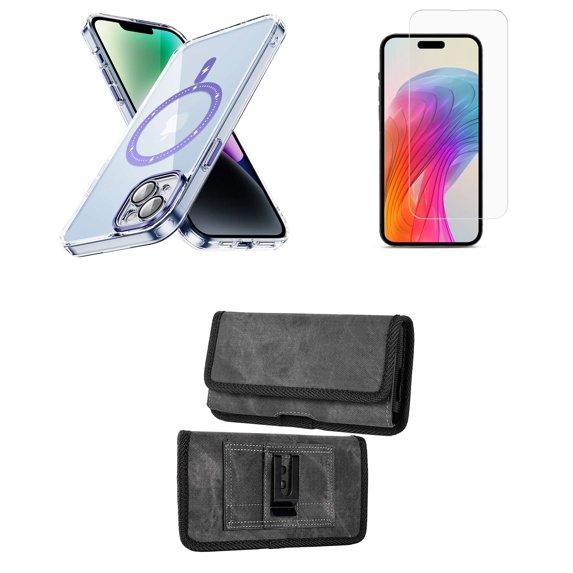 Bemz Magnetic Case for iPhone 15 with Camera Lens Protection (MagSafe Compatible) Shockproof Transparent Cover, Screen Protector, Horizontal Nylon Belt Holster Pouch (Lavender Purple/Gray)