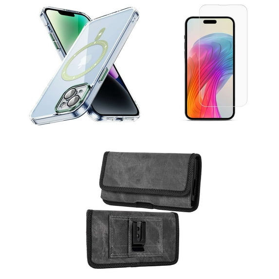 Bemz Magnetic Case for iPhone 15 with Camera Lens Protection (MagSafe Compatible) Shockproof Transparent Cover, Screen Protector, Horizontal Nylon Belt Holster Pouch (Green/Gray)