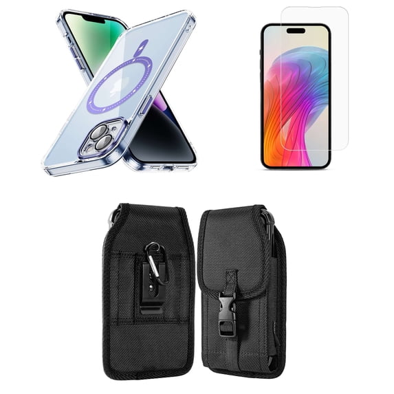 Bemz Magnetic Case for iPhone 15 with Camera Lens Protection (MagSafe Compatible) Shockproof Transparent Cover, Screen Protector, Vertical Release Buckle Belt Holster Pouch (Lavender Purple)