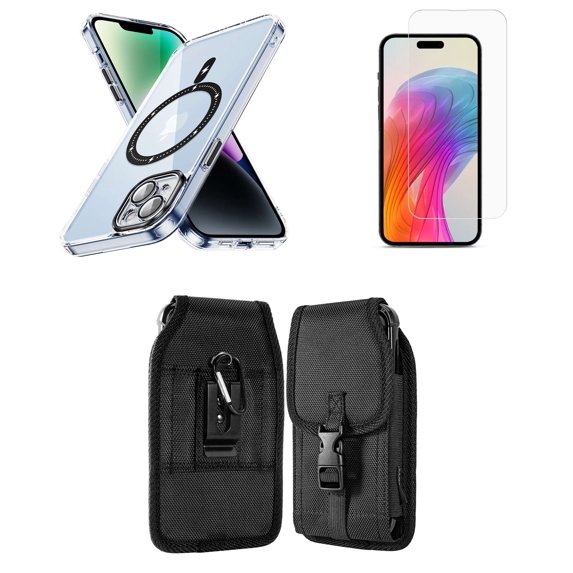 Bemz Magnetic Case for iPhone 15 with Camera Lens Protection (MagSafe Compatible) Shockproof Transparent Cover, Screen Protector, Vertical Release Buckle Belt Holster Pouch (Black)