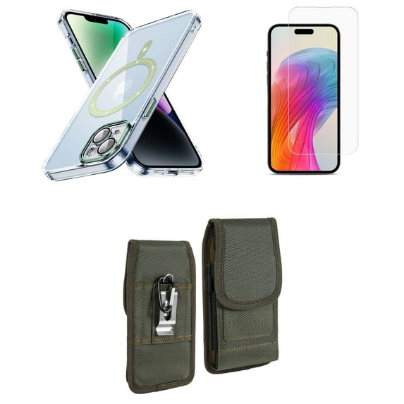 Bemz Magnetic Case for iPhone 15 with Camera Lens Protection (MagSafe Compatible) Shockproof Transparent Cover, Screen Protector, Vertical Rugged Nylon Belt Holster Pouch (Green/Green)