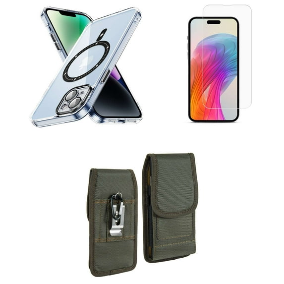 Bemz Magnetic Case for iPhone 15 with Camera Lens Protection (MagSafe Compatible) Shockproof Transparent Cover, Screen Protector, Vertical Rugged Nylon Belt Holster Pouch (Black/Green)