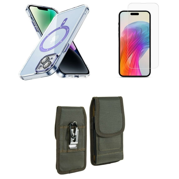 Bemz Magnetic Case for iPhone 15 with Camera Lens Protection (MagSafe Compatible) Shockproof Transparent Cover, Screen Protector, Vertical Rugged Nylon Belt Holster Pouch (Lavender Purple/Green)