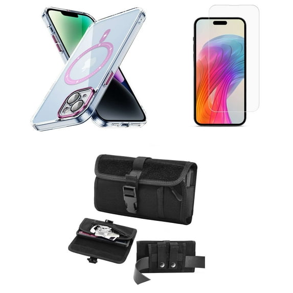 Bemz Magnetic Case for iPhone 15 Plus with Camera Lens Protection (MagSafe Compatible) Shockproof Transparent Cover, Screen Protector, Horizontal Buckle Belt Holster Travel Pouch (Magenta Pink)