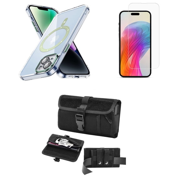 Bemz Magnetic Case for iPhone 15 Plus with Camera Lens Protection (MagSafe Compatible) Shockproof Transparent Cover, Screen Protector, Horizontal Buckle Belt Holster Travel Pouch (Green)