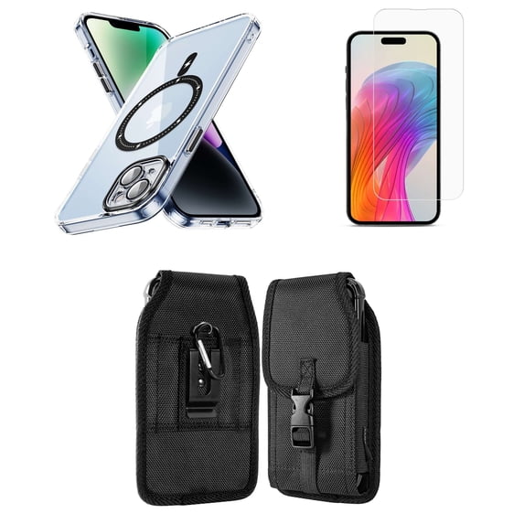 Bemz Magnetic Case for iPhone 15 Plus with Camera Lens Protection (MagSafe Compatible) Shockproof Transparent Cover, Screen Protector, Vertical Release Buckle Belt Holster Pouch (Black)