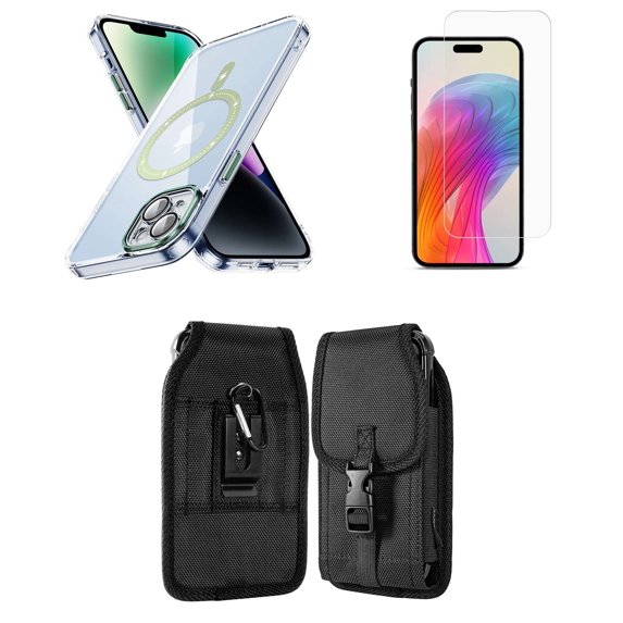 Bemz Magnetic Case for iPhone 15 Plus with Camera Lens Protection (MagSafe Compatible) Shockproof Transparent Cover, Screen Protector, Vertical Release Buckle Belt Holster Pouch (Green)