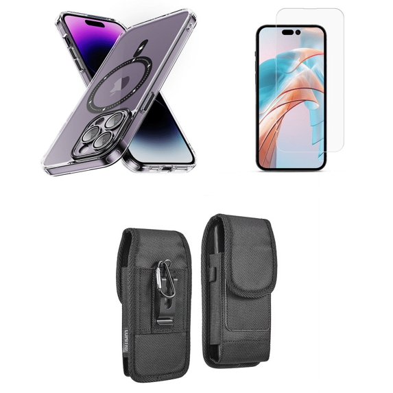 Bemz Magnetic Case for iPhone 15 Pro with Camera Lens Protection (MagSafe Compatible) Shockproof Transparent Cover, Glass Screen Protector, Vertical Rugged Nylon Belt Holster Pouch (Black)