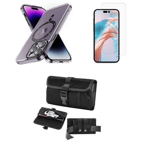 Bemz Magnetic Case for iPhone 15 Pro with Camera Lens Protection (MagSafe Compatible) Shockproof Transparent Cover, Screen Protector, Horizontal Buckle Belt Holster Travel Pouch (Black)