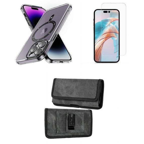 Bemz Magnetic Case for iPhone 15 Pro with Camera Lens Protection (MagSafe Compatible) Shockproof Transparent Cover, Screen Protector, Horizontal Nylon Belt Holster Pouch (Black/Gray)
