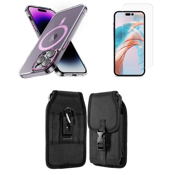 Bemz Magnetic Case for iPhone 15 Pro with Camera Lens Protection (MagSafe Compatible) Shockproof Transparent Cover, Screen Protector, Vertical Release Buckle Belt Holster Pouch (Magenta Pink)