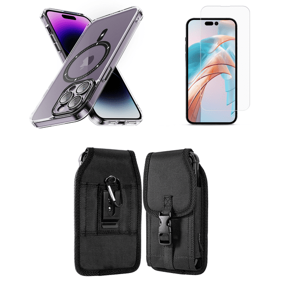 Bemz Magnetic Case for iPhone 15 Pro with Camera Lens Protection (MagSafe Compatible) Shockproof Transparent Cover, Screen Protector, Vertical Release Buckle Belt Holster Pouch (Lavender Purple)
