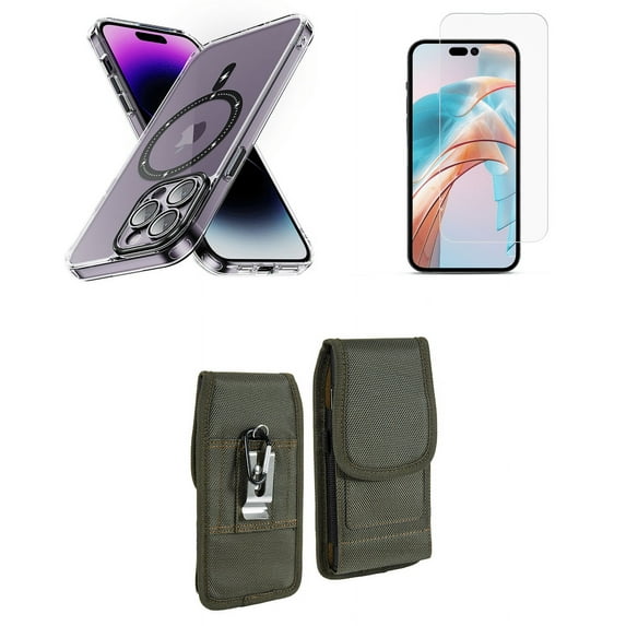 Bemz Magnetic Case for iPhone 15 Pro with Camera Lens Protection (MagSafe Compatible) Shockproof Transparent Cover, Screen Protector, Vertical Rugged Nylon Belt Holster Pouch (Black/Green)