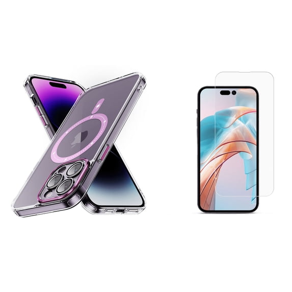Bemz Magnetic Case for iPhone 15 Pro Max with Camera Lens Protection (Compatible with MagSafe) Shockproof Reinforced Air Corner Transparent Cover, Tempered Glass Screen Protector (Magenta Pink)