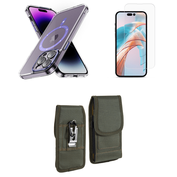 Bemz Magnetic Case for iPhone 15 Pro Max with Camera Lens Protection (MagSafe Compatible) Shockproof Transparent Cover, Screen Protector, Vertical Nylon Belt Holster Pouch (Lavender Purple/Green)