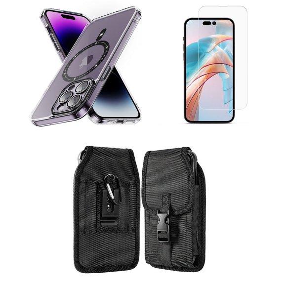 Bemz Magnetic Case for iPhone 15 Pro Max with Camera Lens Protection (MagSafe Compatible) Shockproof Transparent Cover, Screen Protector, Vertical Release Buckle Belt Holster Pouch (Black)