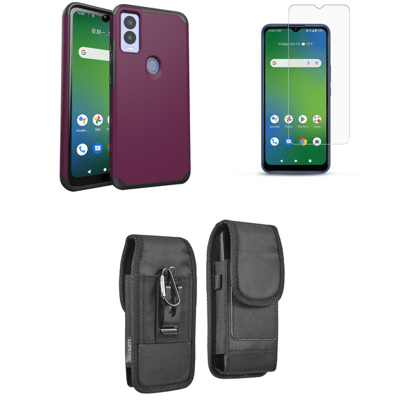 Bemz Phone Case for AT&T Propel 5G with Dual Layer Magnetic Armor Protection Cover, Glass Screen Protector and Vertical Rugged Nylon Belt Holster Pouch (Dark Purple Violet)