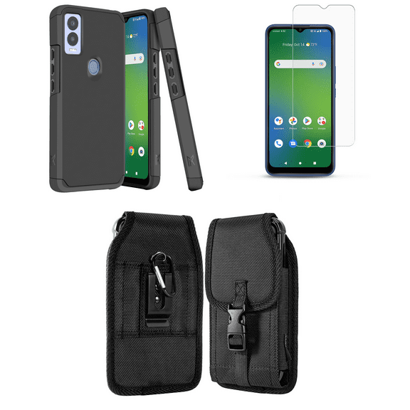 Bemz Phone Case for AT&T Propel 5G with Dual Layer Magnetic Armor Protection Cover, Glass Screen Protector and Vertical Rugged Release Buckle Belt Holster Pouch (Charcoal Black)