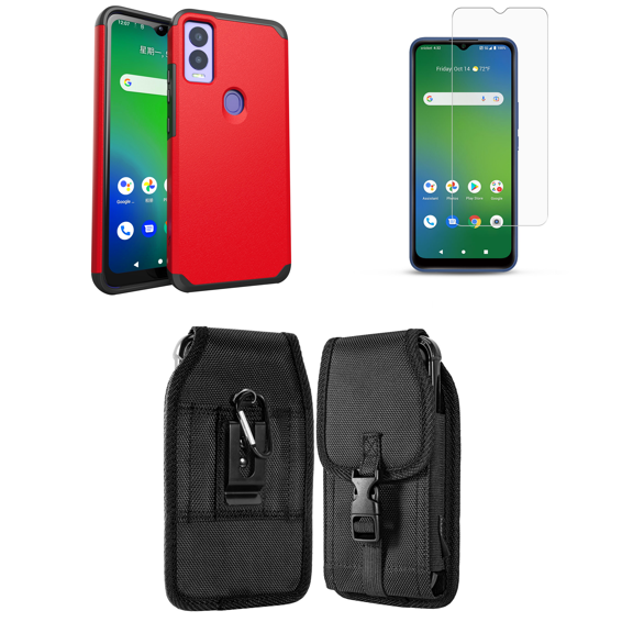 Bemz Phone Case for AT&T Propel 5G with Dual Layer Magnetic Armor Protection Cover, Glass Screen Protector and Vertical Rugged Release Buckle Belt Holster Pouch (Crimson Red)