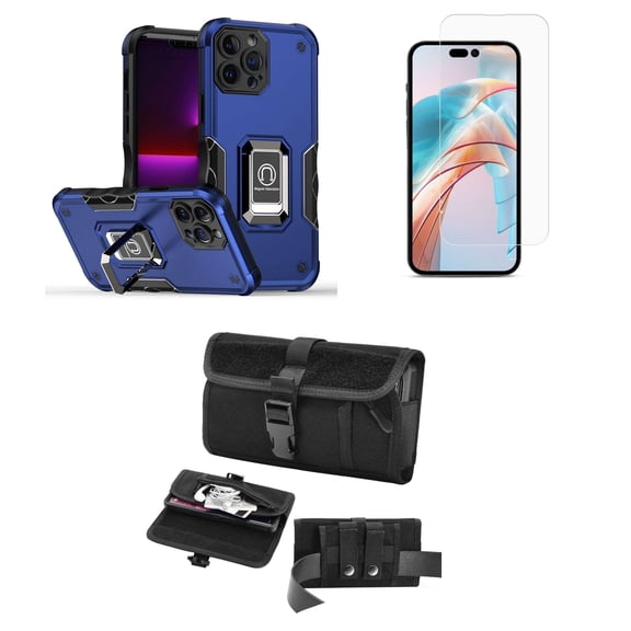 Bemz Phone Case for iPhone 15 with Camera Protection Heavy Duty Magnetic Kickstand Cover, Screen Protector, Horizontal Buckle Belt Holster Travel Pouch (Cobalt Blue)