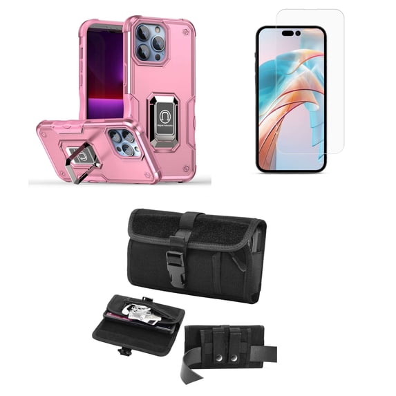 Bemz Phone Case for iPhone 15 with Camera Protection Heavy Duty Magnetic Kickstand Cover, Screen Protector, Horizontal Buckle Belt Holster Travel Pouch (Rose Pink)