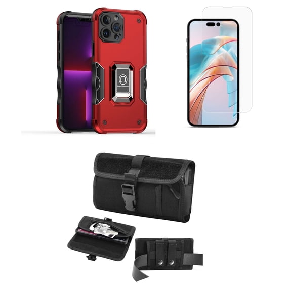 Bemz Phone Case for iPhone 15 with Camera Protection Heavy Duty Magnetic Kickstand Cover, Screen Protector, Horizontal Buckle Belt Holster Travel Pouch (Titanium Red)