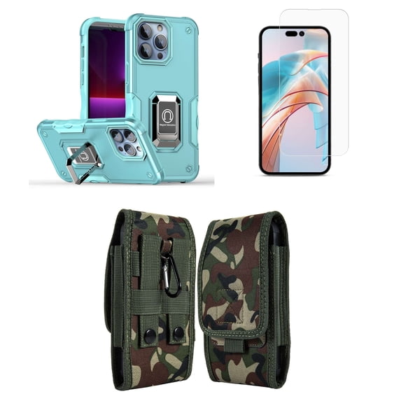 Bemz Phone Case for iPhone 15 with Camera Protection Heavy Duty Magnetic Kickstand Cover, Screen Protector, Vertical Nylon Belt Holster Pouch (Mint Teal/Jungle Camo)